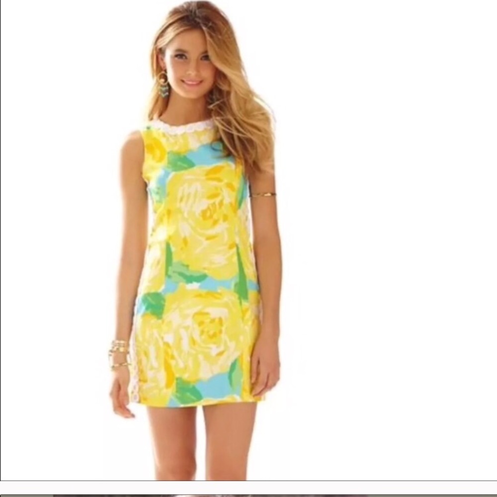 Lilly Pulitzer Yellow Floral Shift Dress with Aqua and Green Accents
